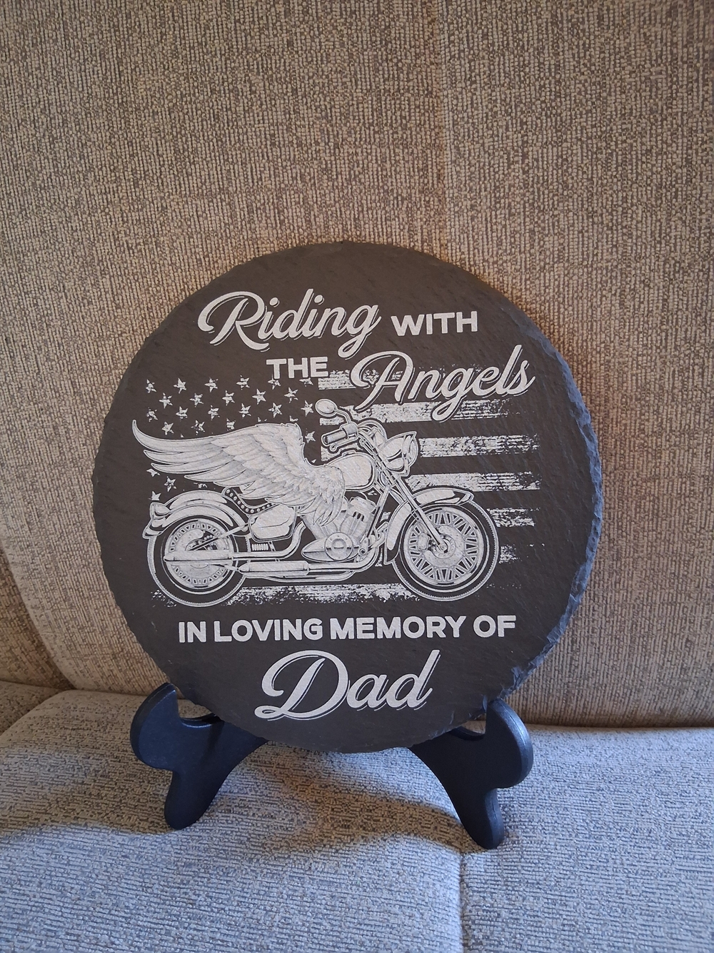 Memorial Slate Plaque - Riding With The Angels - Dark Gray And White 8x8in Bike